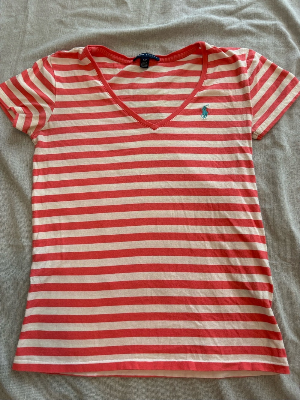Ralph Lauren Coral & White Striped V-Neck Tee